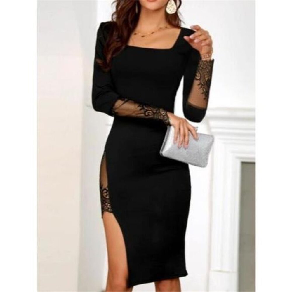 Lace Detail Square Neck Slit Midi Dress